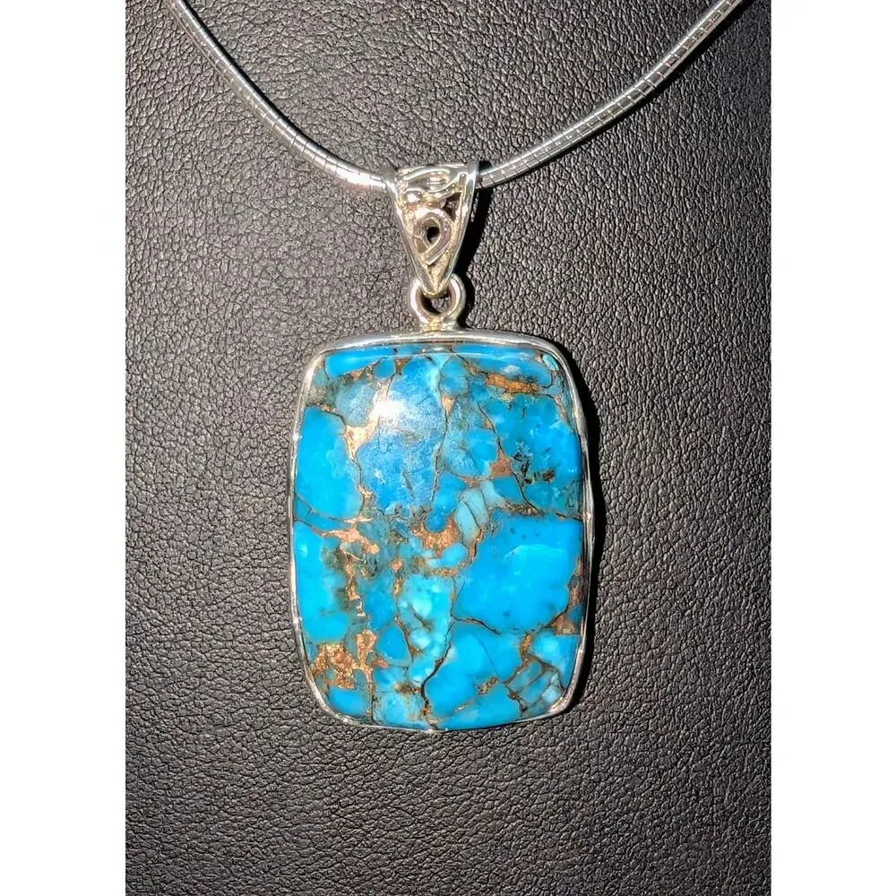 VTG 925 Sterling Silver Copper Turquoise Pendant on Sterling 18" Cable Wire - Picture 7 of 9